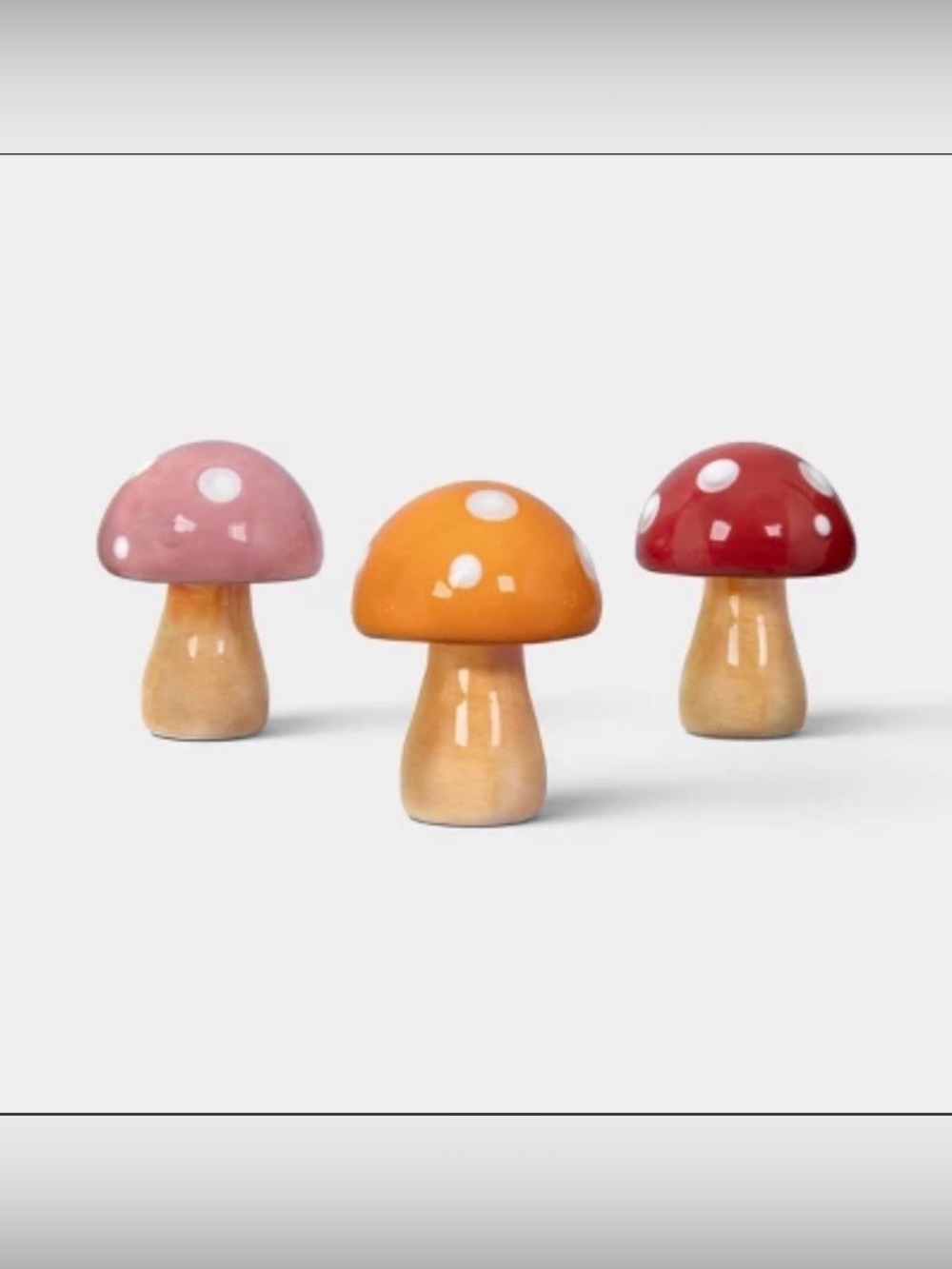 Trio of Ceramic Mushroom Accents in Pink, Orange & Red